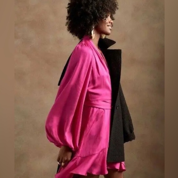 Banana Republic Bright Peony Satin Ruffle Wrap Dress small - Picture 11 of 16